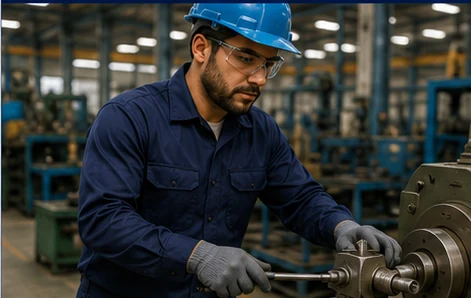 Operação industrial com profissional usando camisa operacional azul-marinho em ambiente fabril