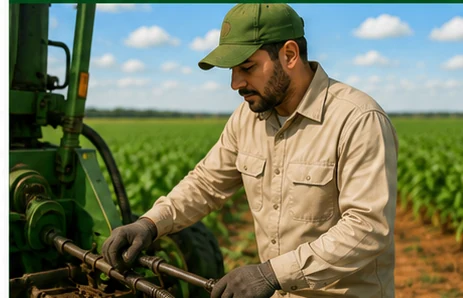 Atividade operacional no agronegócio com profissional usando camisa operacional clara em ambiente agrícola