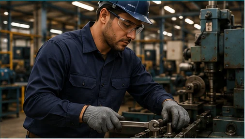 Profissional de manutenção industrial usando camisa operacional azul-marinho em ambiente fabril