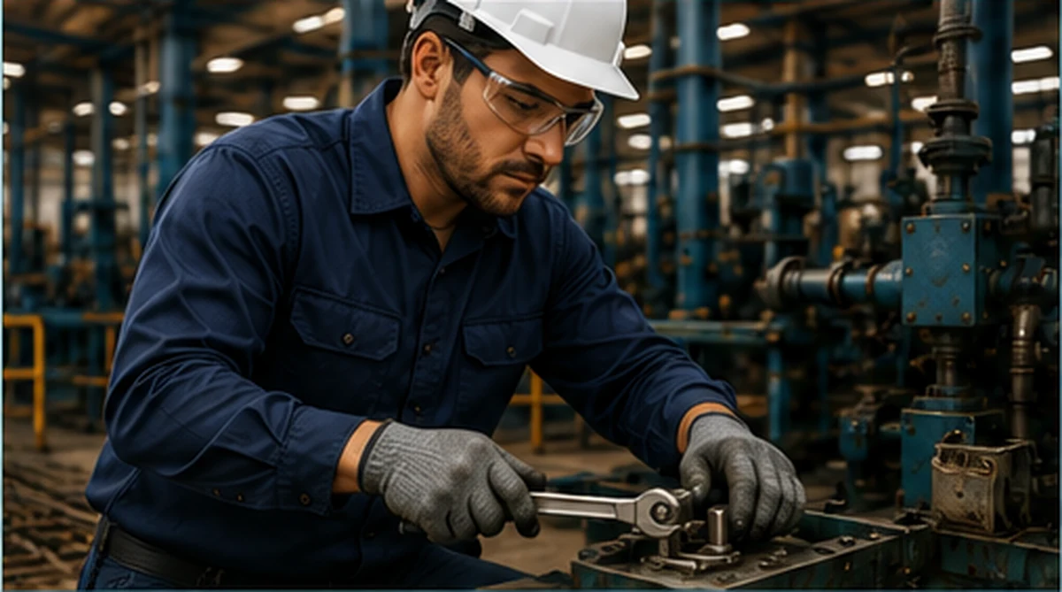 Profissional em ambiente de manutenção industrial