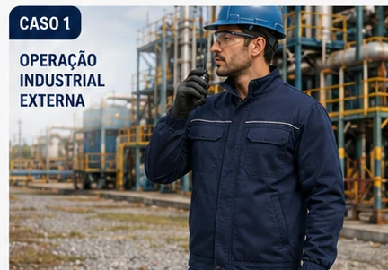 Profissional usando jaqueta operacional azul-marinho em ambiente industrial externo