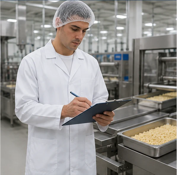 Profissional usando jaleco branco em ambiente alimentício profissional