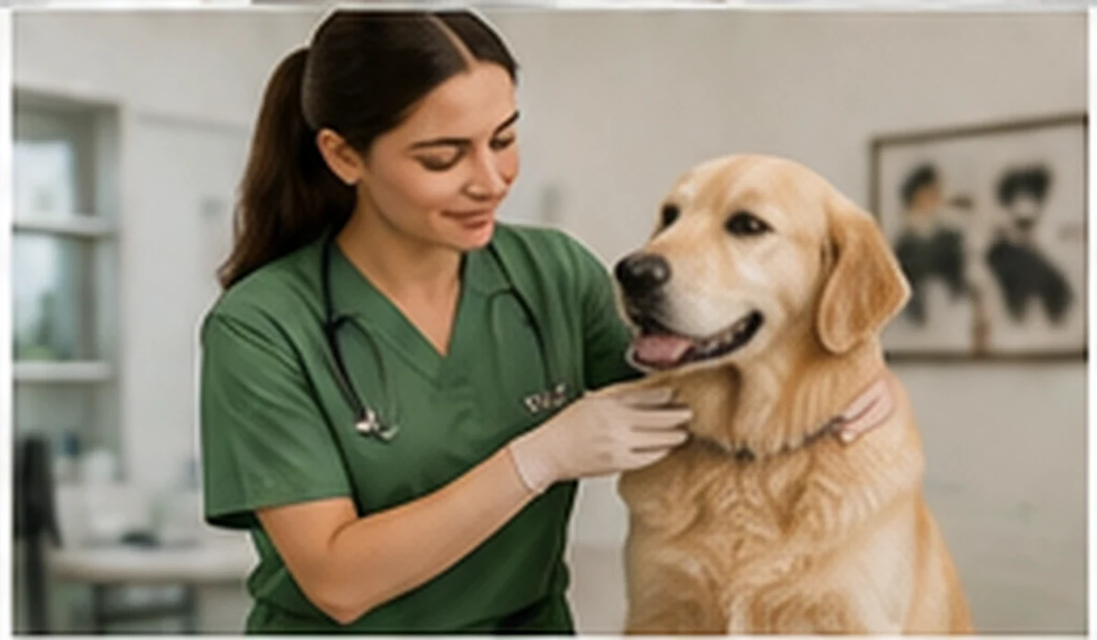 Profissional veterinária usando scrub verde em clínica veterinária