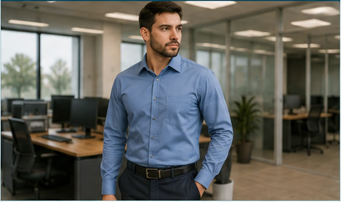 Profissional usando camisa social azul clara em ambiente administrativo
