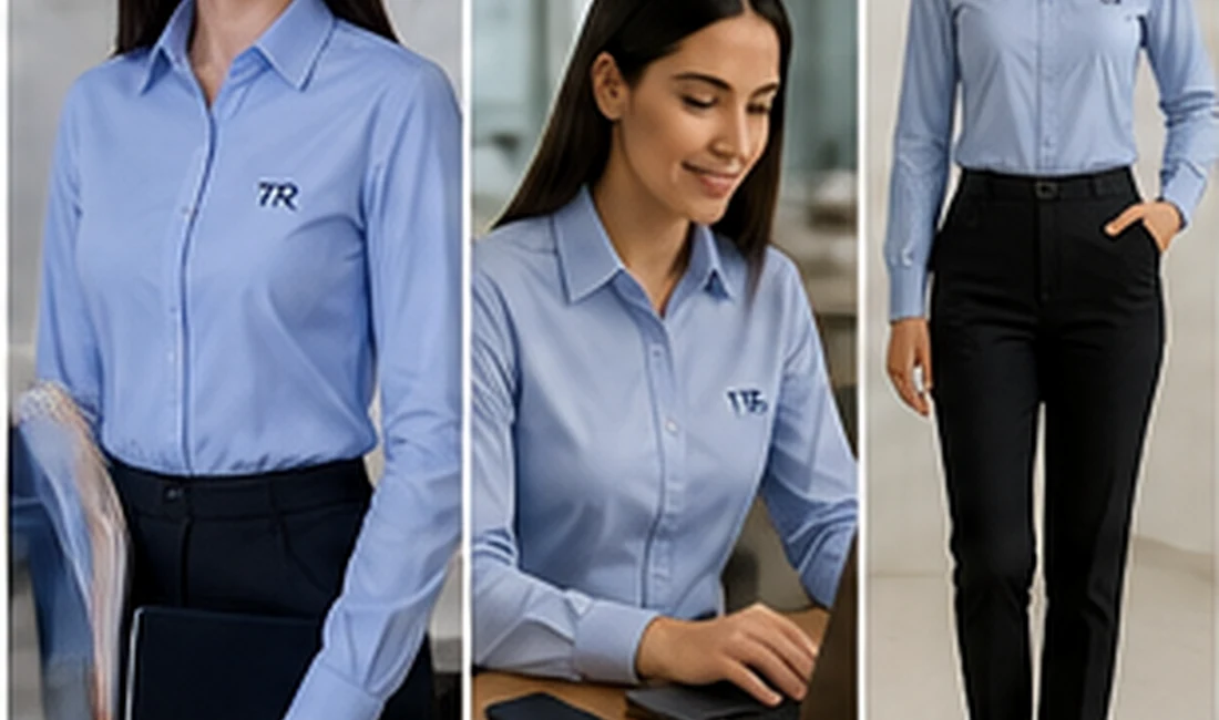 Equipe usando camisa social azul clara em contexto de atendimento profissional